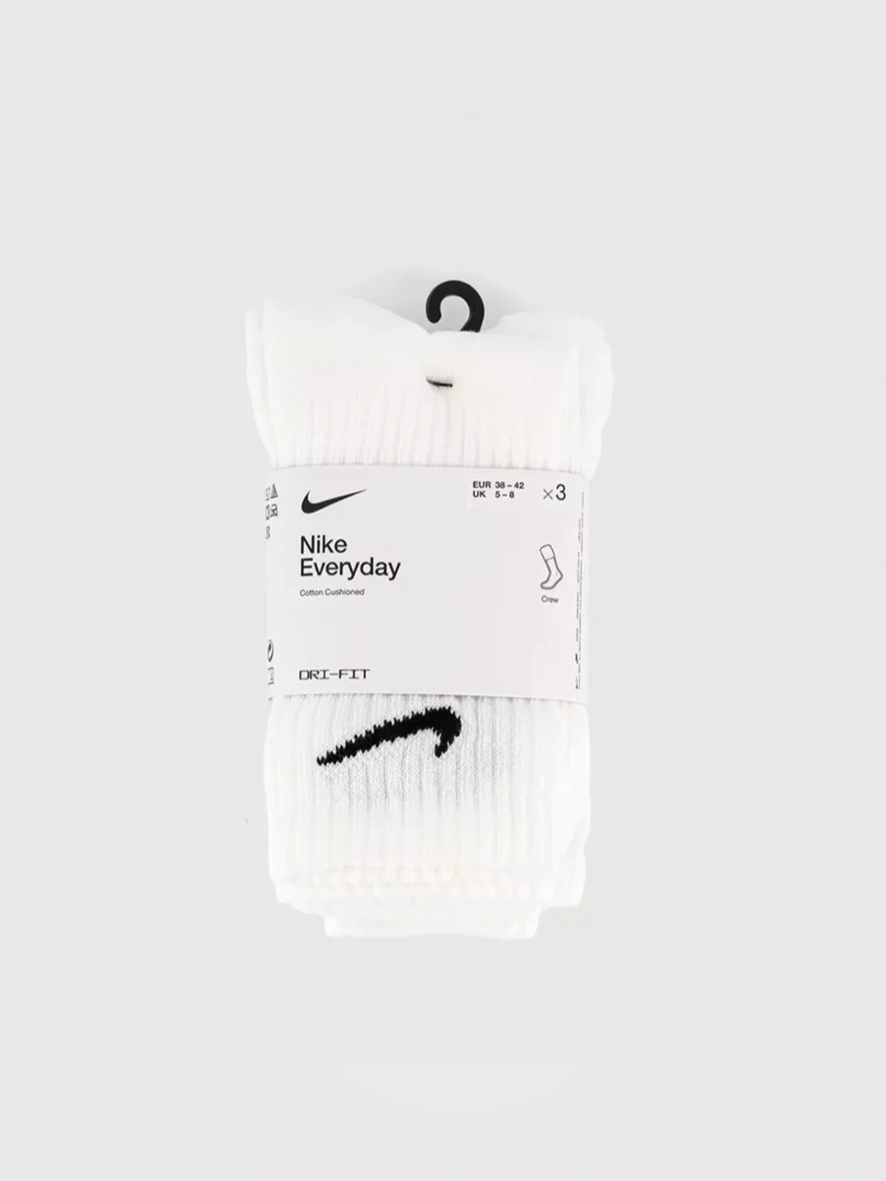 Nike dri-fit everyday cushioned crew socks white with black swoosh cotton 3-pack